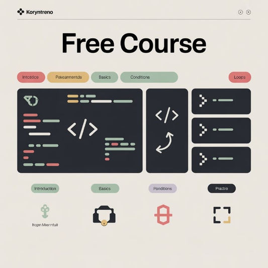 Free course promotional graphic with coding elements and Koryntreno branding.