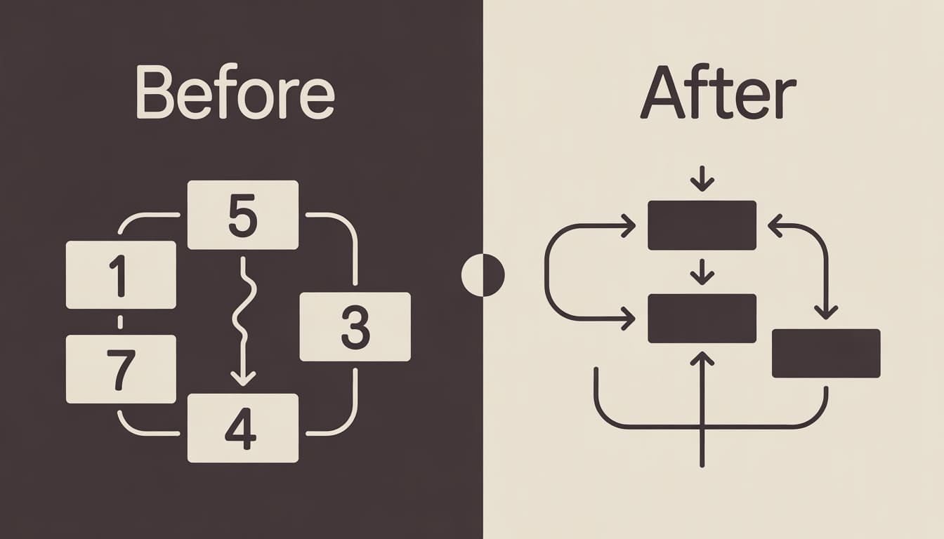 Comparison of a complex diagram labeled 'Before' on a dark background and a simplified diagram labeled 'After' on a light background.
