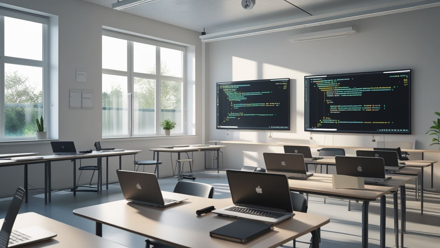 Modern classroom with desks, laptops, and large monitors displaying code.