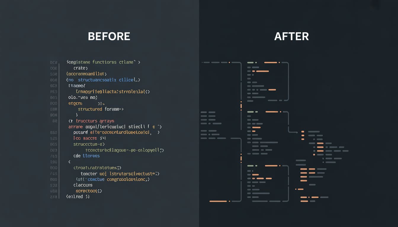 Comparison of code before and after refactoring on a dark background