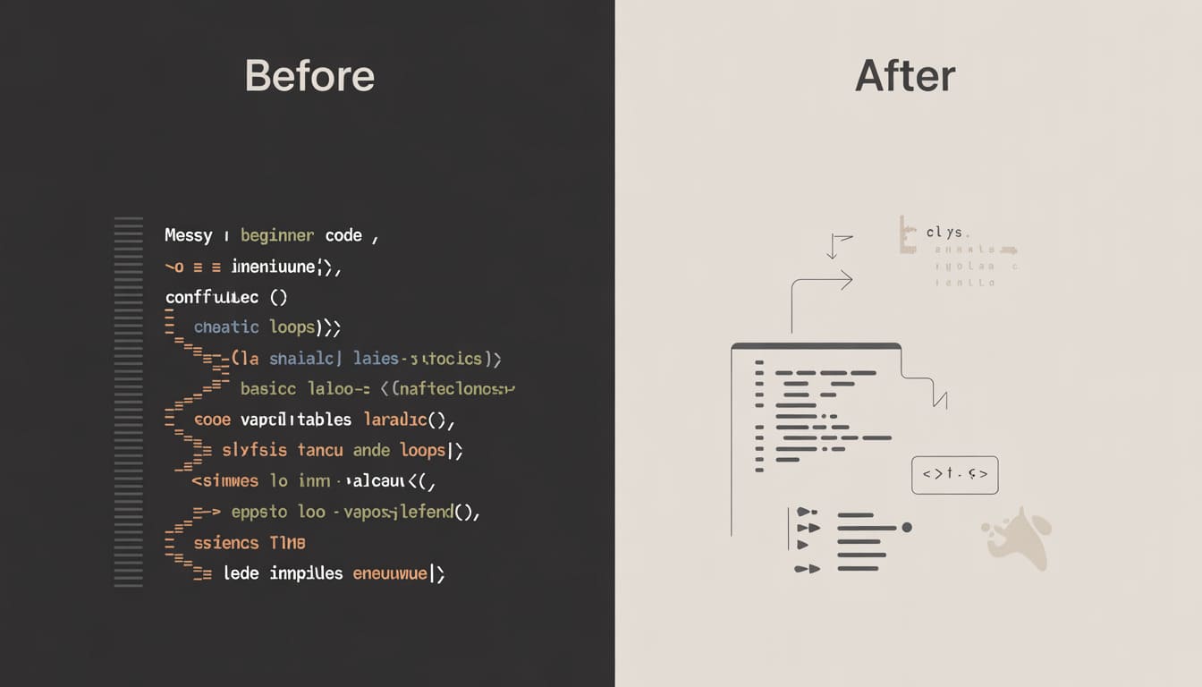 Comparison of messy code on the left and clean, organized code on the right.