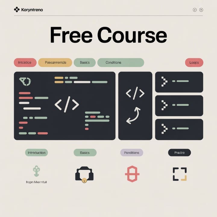 Free course promotional graphic with coding elements and Koryntreno branding.