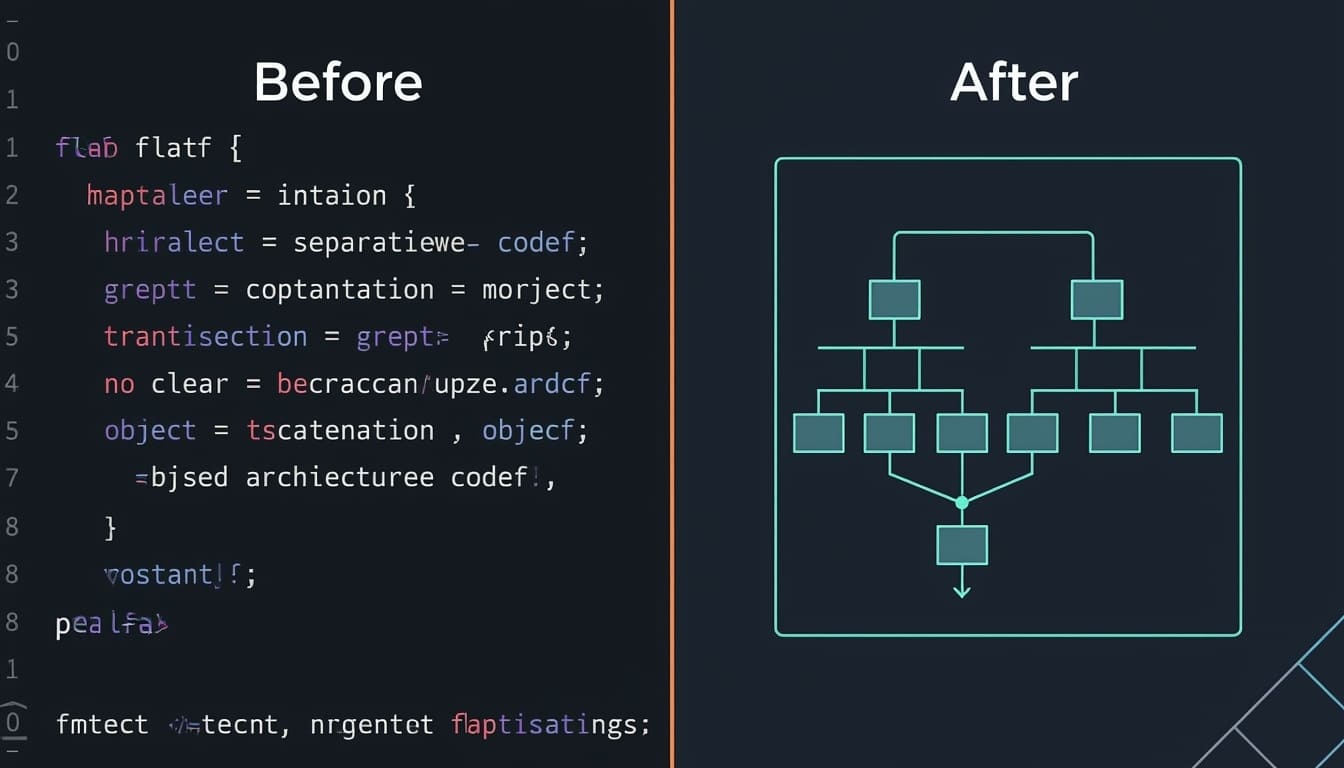Comparison of code text on the left and a diagram on the right, with 'Before' and 'After' labels.