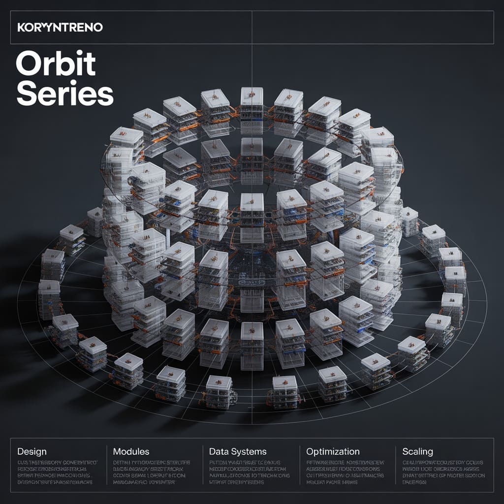 Geometric design with stacked modules on a dark background, featuring the brand 'Koryntreno'.