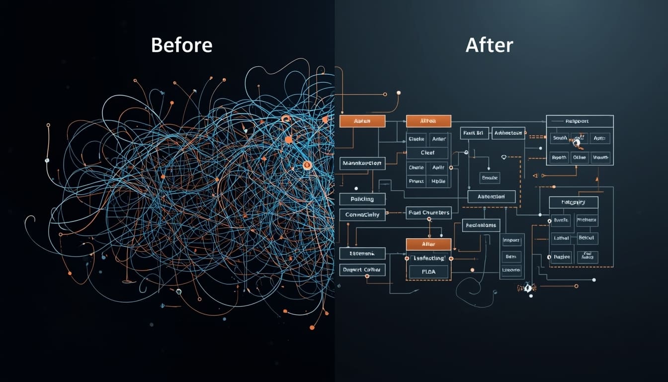 Comparison of a complex network diagram labeled 'Before' on the left and a more organized diagram labeled 'After' on the right.